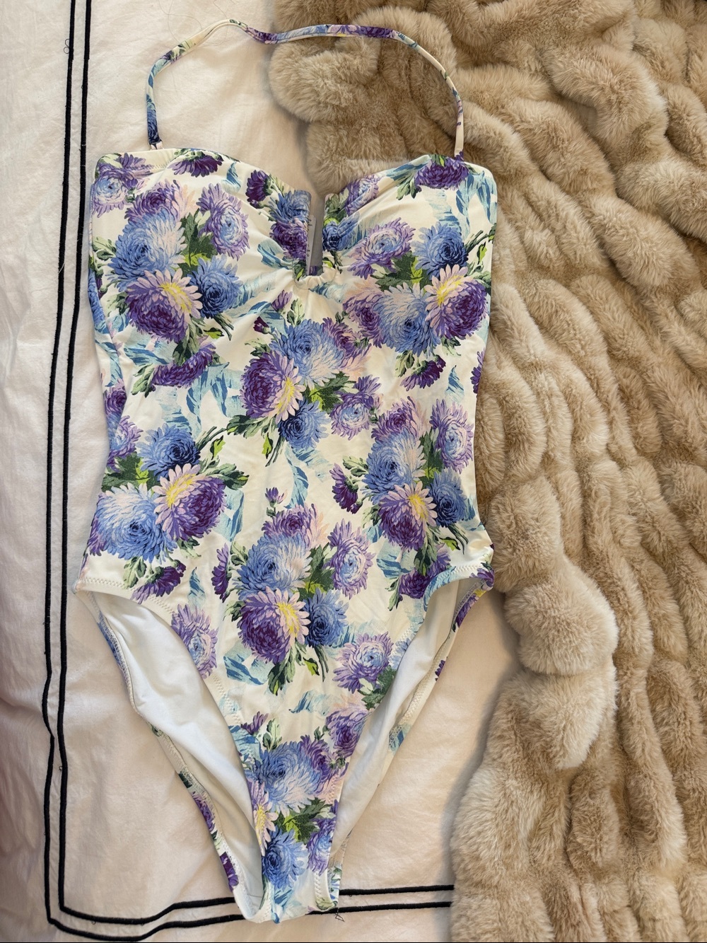 J. Crew White One-Piece Swimsuit with Purple and Blue Floral Print